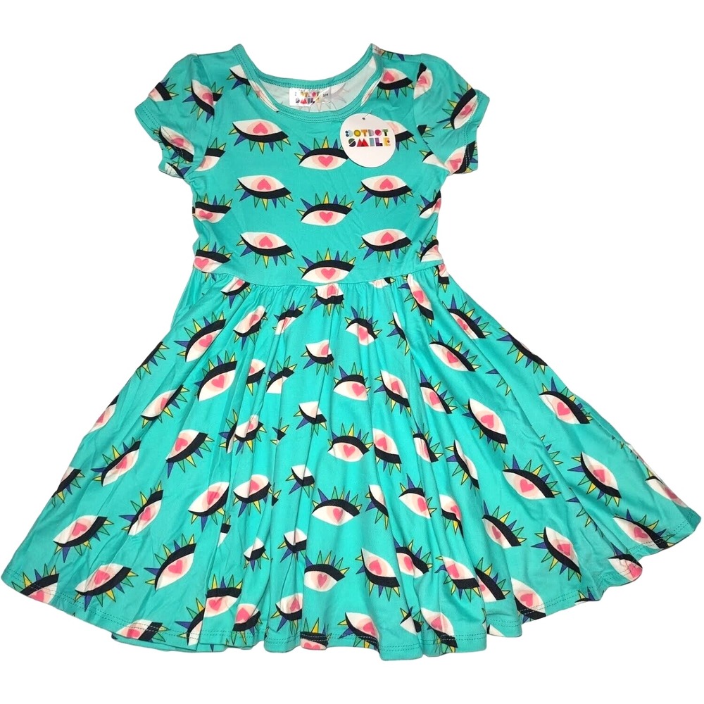 Dot Smile Girls 5 6 Teal Green‎ Spike Eye Heart Cap Sleeve Twirl Dress SOFT NWT
